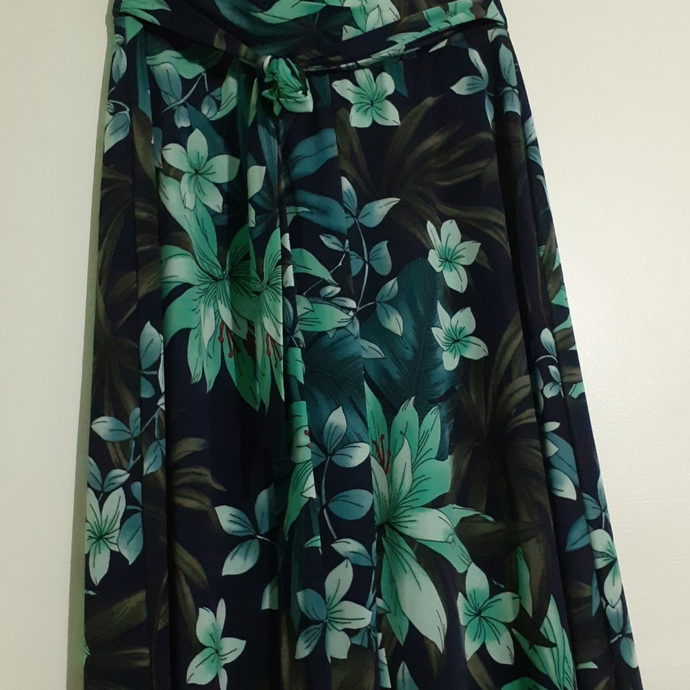 Flared Pants Stretchy Highrise Tie front pants TALL Forest Green/Hawaiian flower